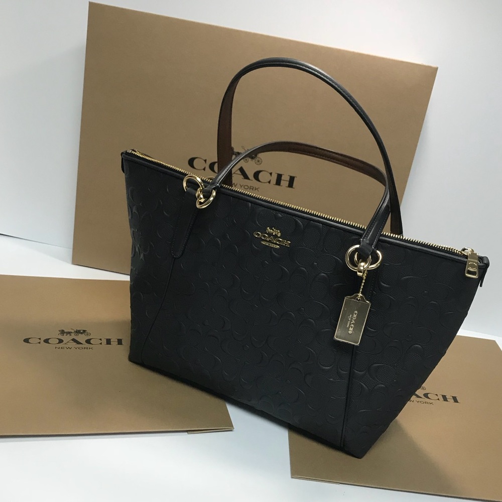 Coach Leather Large Tote With Zipper Navy Blue